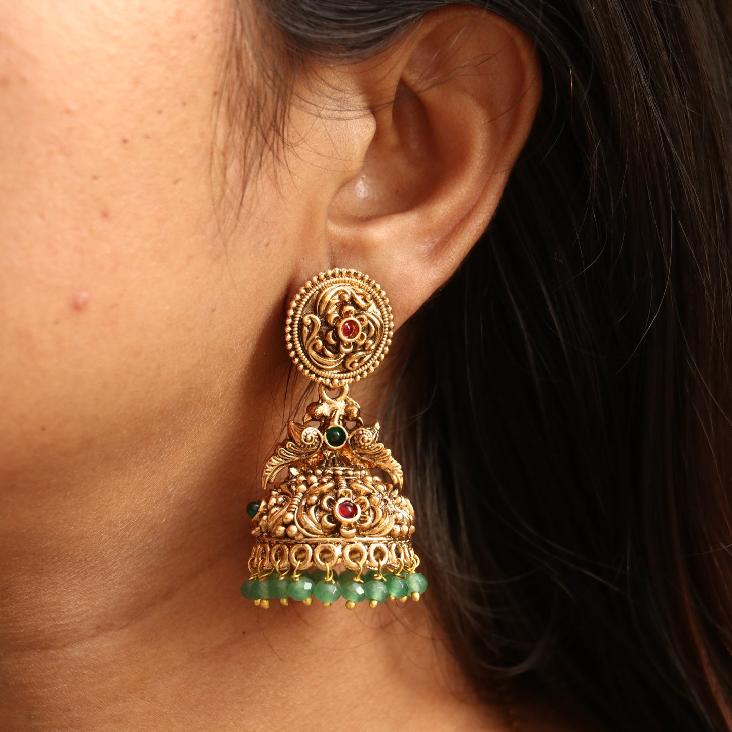 Antique Peacock Jhumkas with Ear Chain