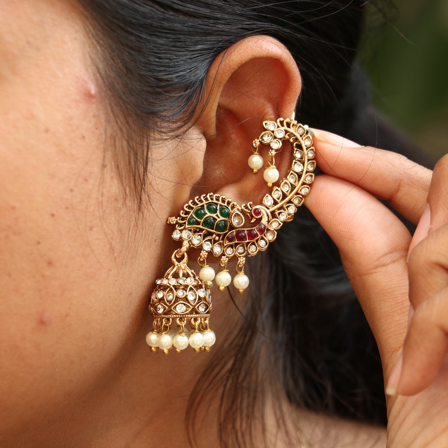 Antique Peacock Ear Cuff Jhumkas