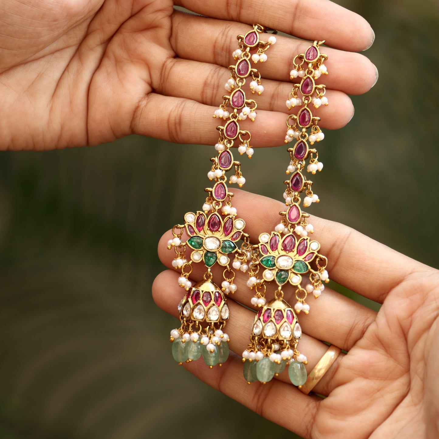 Lotus Kemp Ear Chains with Jhumkas