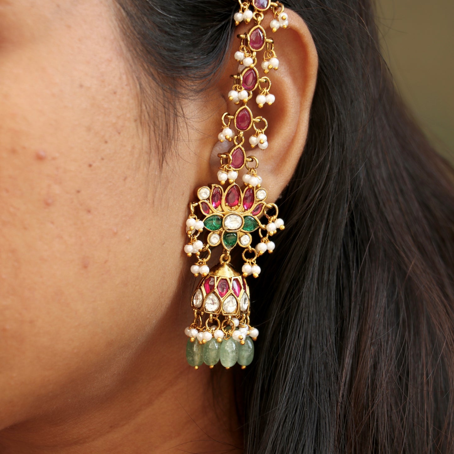 Lotus Kemp Ear Chains with Jhumkas