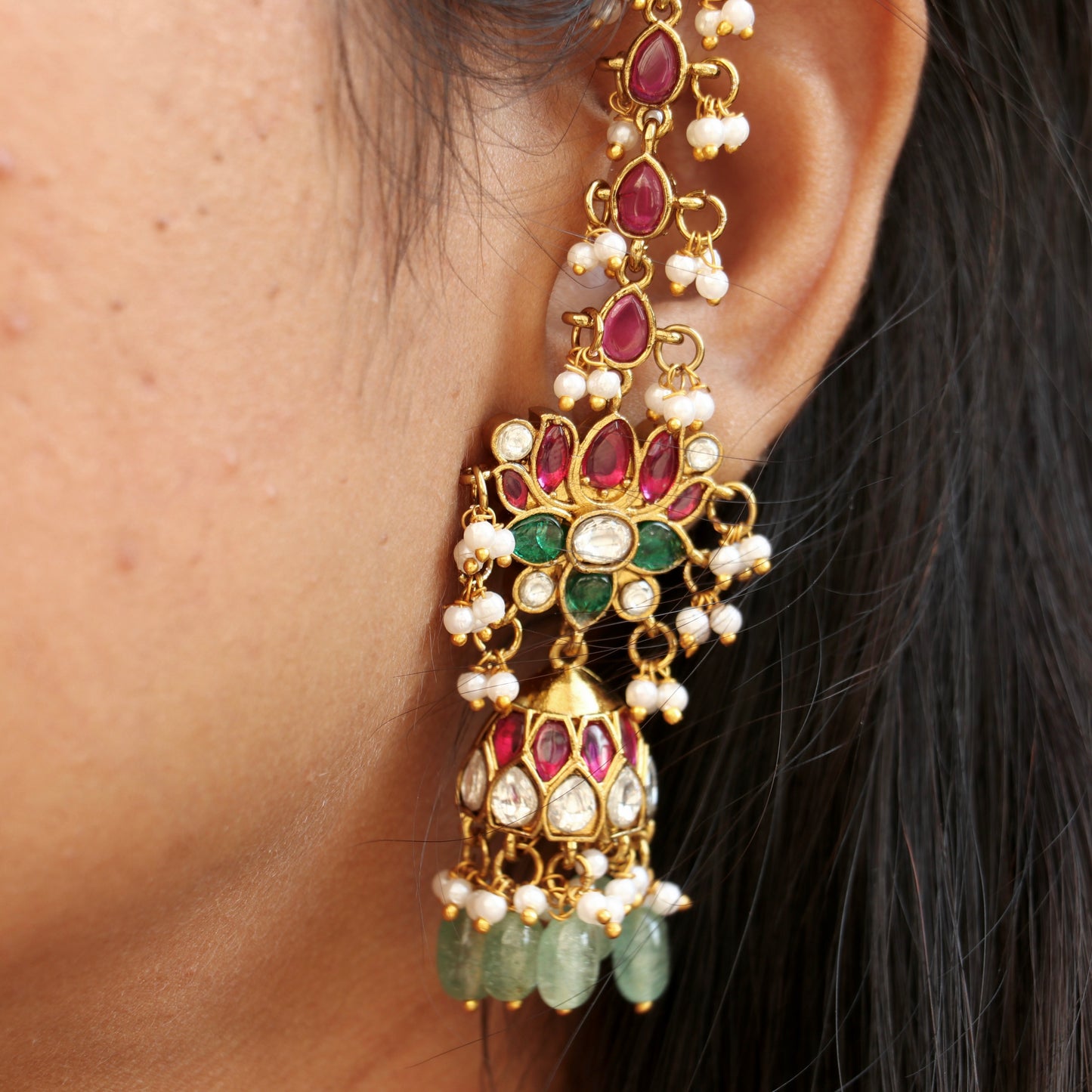 Lotus Kemp Ear Chains with Jhumkas