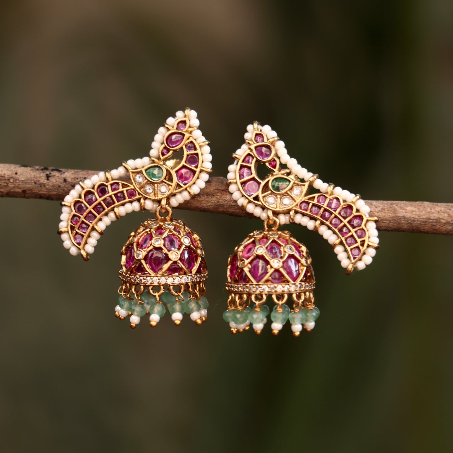 Peacock Pearl Kemp Stone Jhumkas