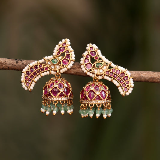 Peacock Pearl Kemp Stone Jhumkas