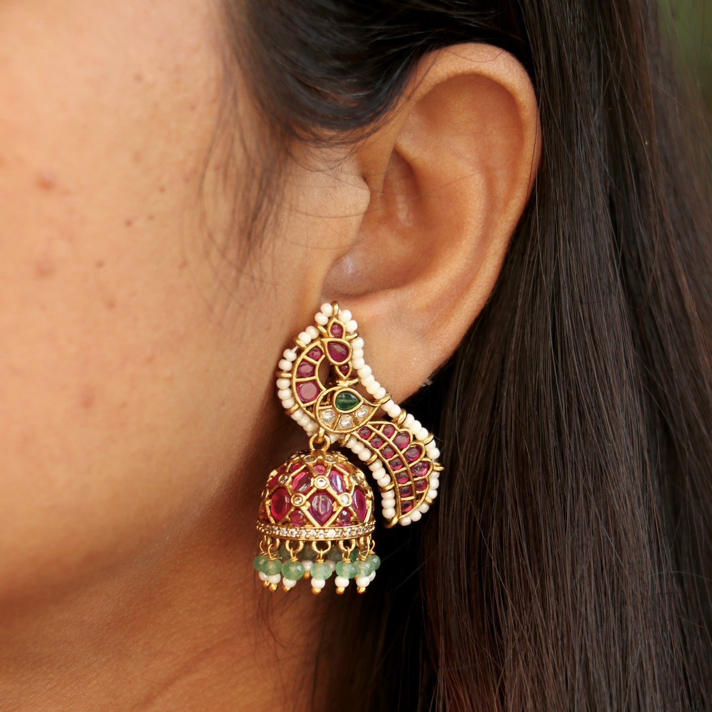 Peacock Pearl Kemp Stone Jhumkas