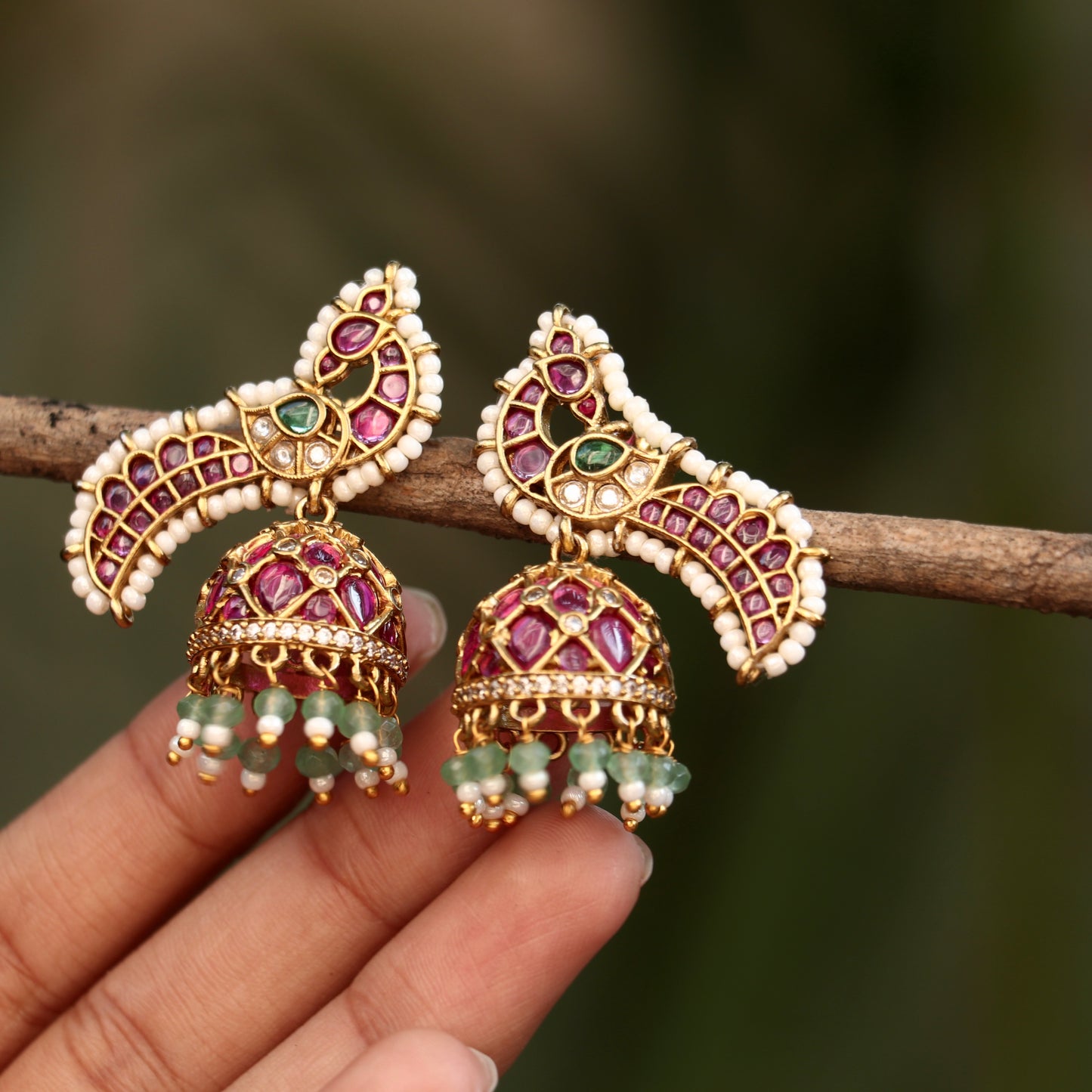 Peacock Pearl Kemp Stone Jhumkas