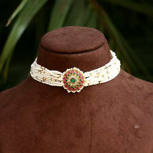 Jadau Kundan Pendant White Beads Choker