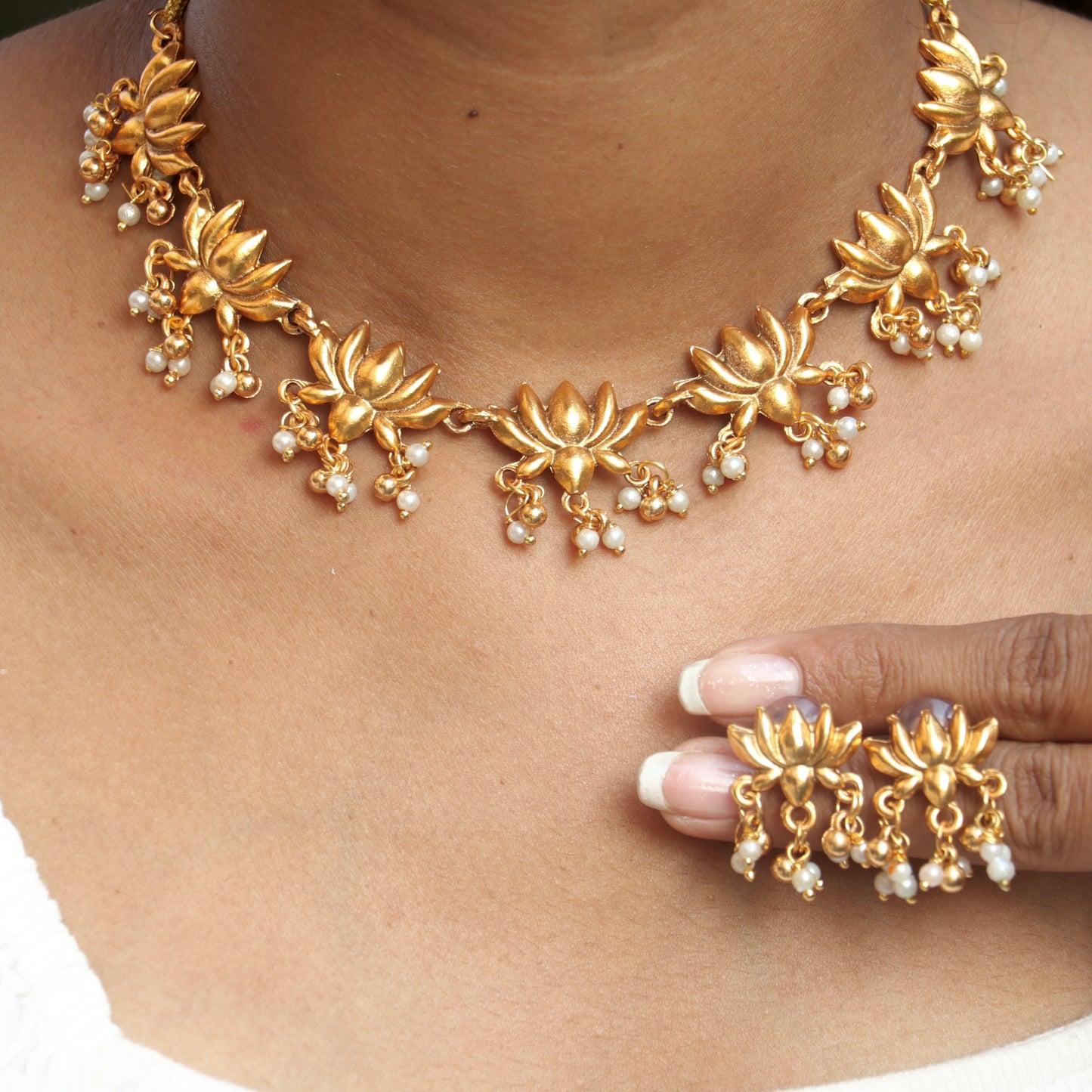 Antique Lotus Pearl Cluster Necklace