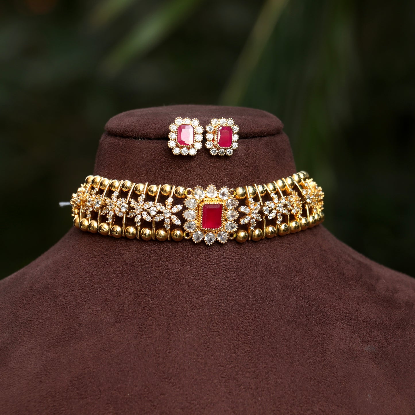 AD Stone Floral Gold Ball Necklace