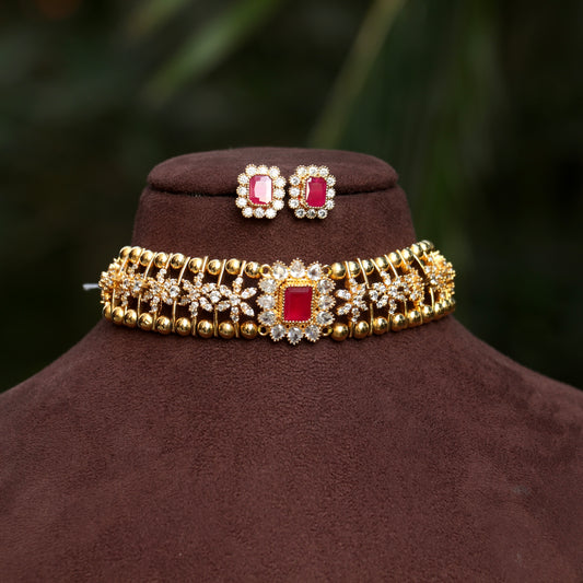 AD Stone Floral Gold Ball Necklace