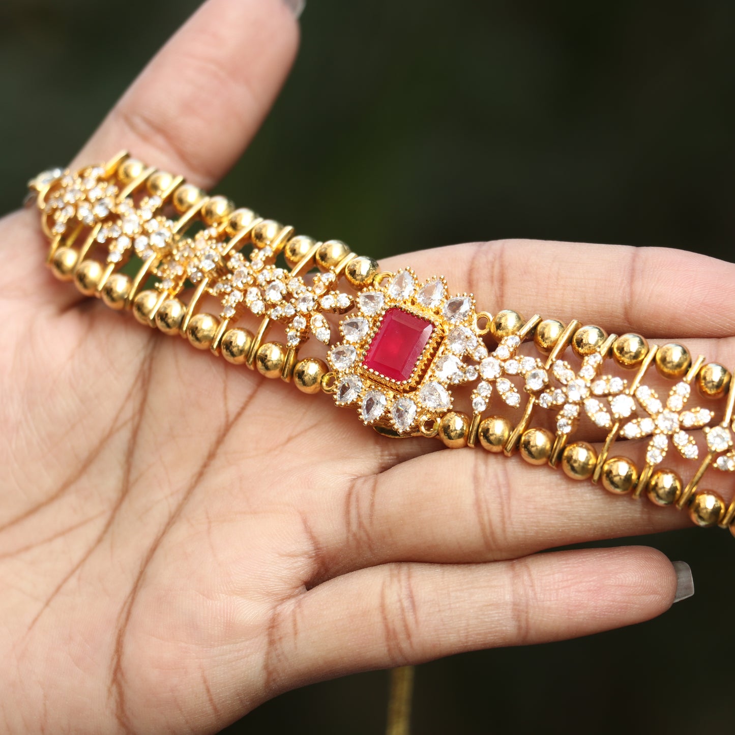 AD Stone Floral Gold Ball Necklace