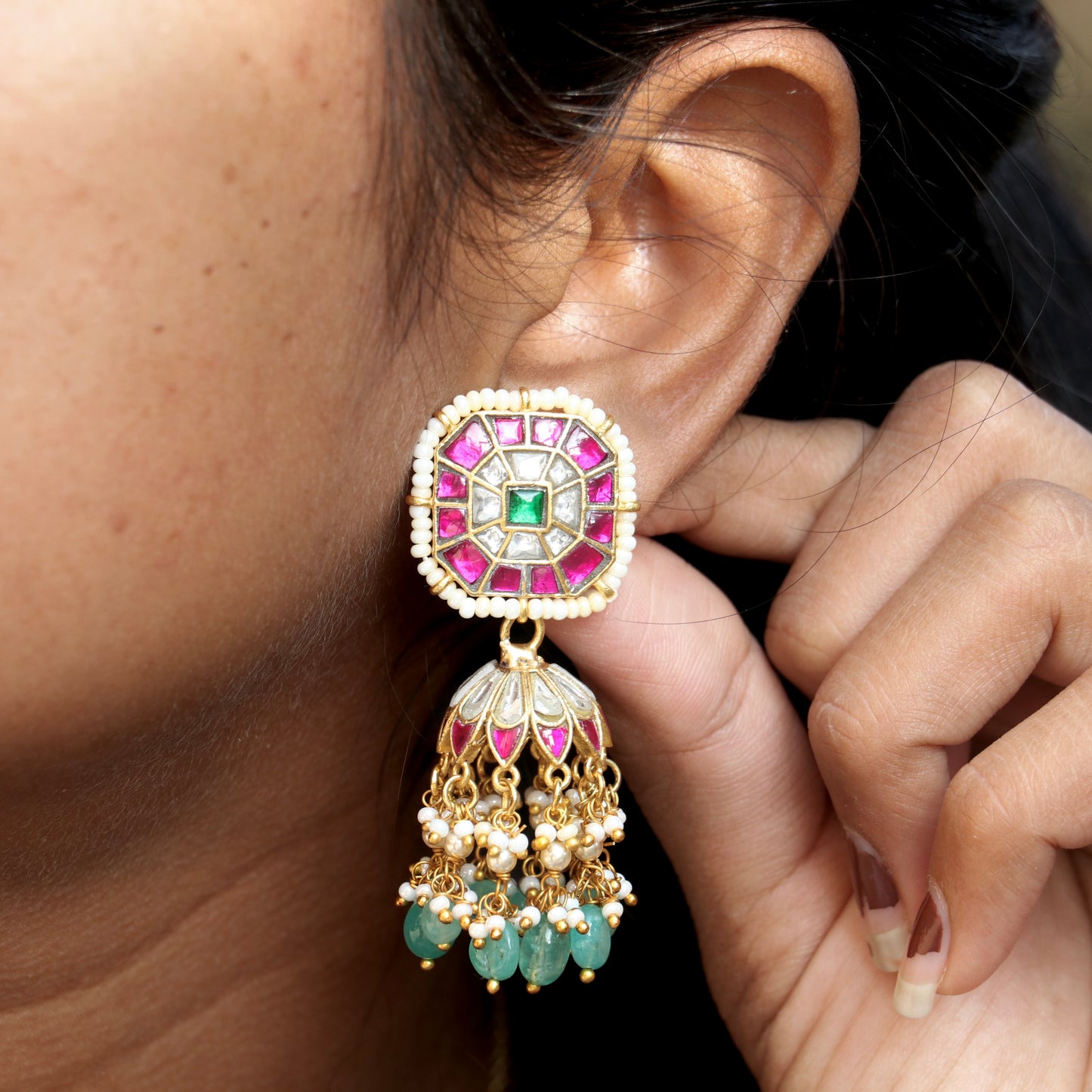 Jadau Kundan Pearl Jhumkas