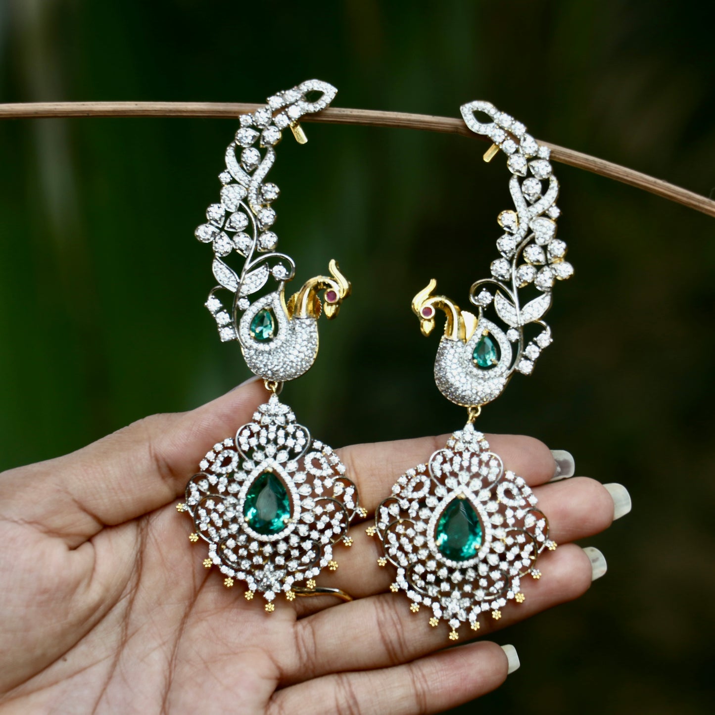 White AD Stone Peacock Ear Cuffs