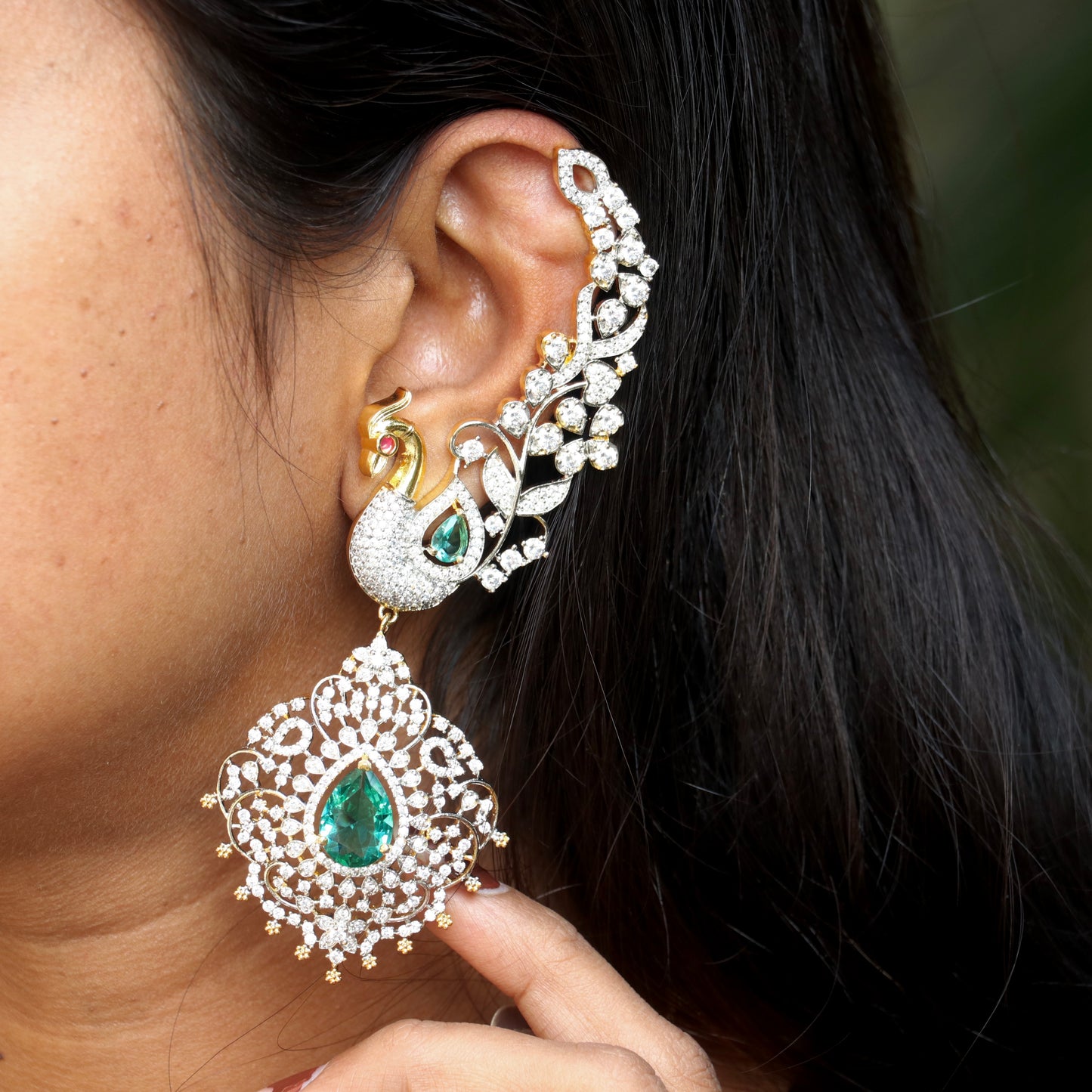White AD Stone Peacock Ear Cuffs